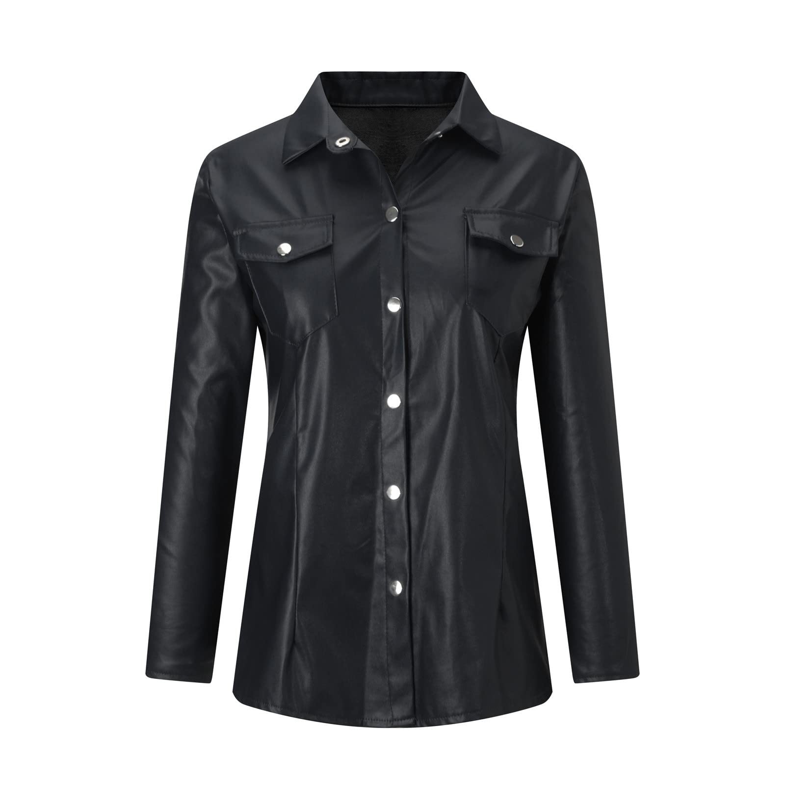 thumbnail image 4 of Chaqueta tipo camisa con botones a presión de piel sintética para mujer - Chaqueta motera de manga larga, material PU, informal/moda - Tallas S-XXL, 4 of 5